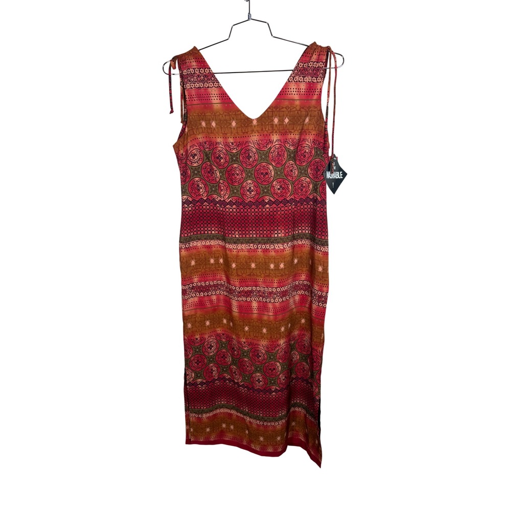R&K Originals Petite Vintage Geometric Medallion Midi Dress Red Orange 10P NWT
